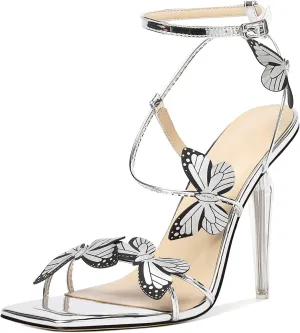 Zamikoo Open Toe Ankle Strap High Heels for Women, Square Toe Butterfly Heeled Sandals, Strappy Clear Stiletto Butterfly Heels 4 Incheses