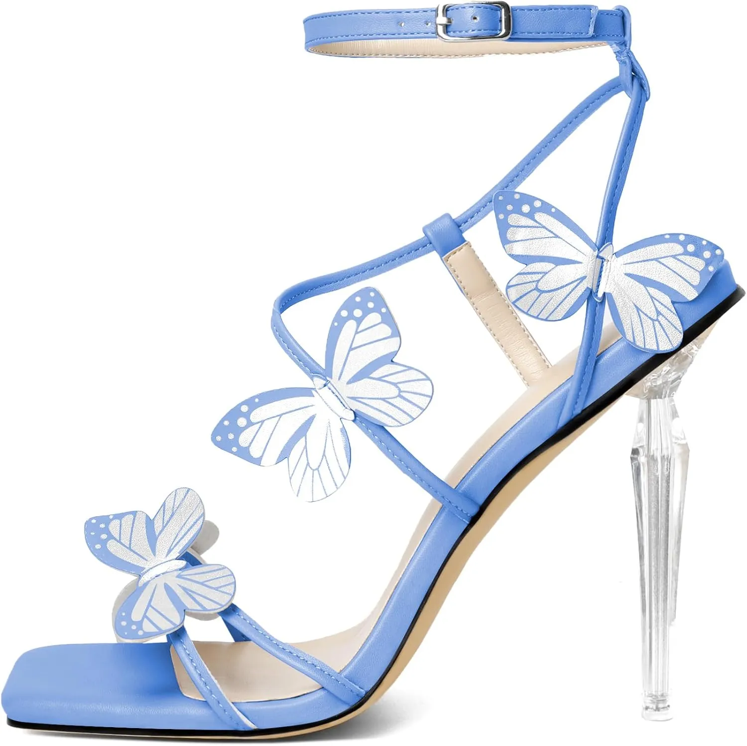 Zamikoo Open Toe Ankle Strap High Heels for Women, Square Toe Butterfly Heeled Sandals, Strappy Clear Stiletto Butterfly Heels 4 Incheses
