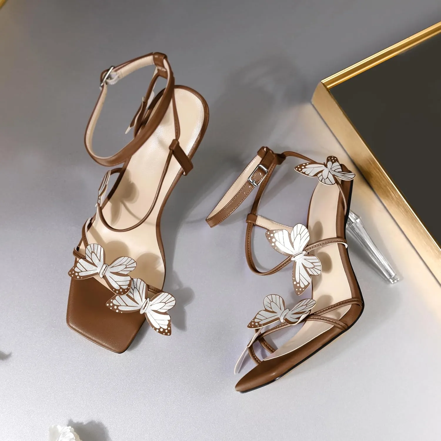 Zamikoo Open Toe Ankle Strap High Heels for Women, Square Toe Butterfly Heeled Sandals, Strappy Clear Stiletto Butterfly Heels 4 Incheses