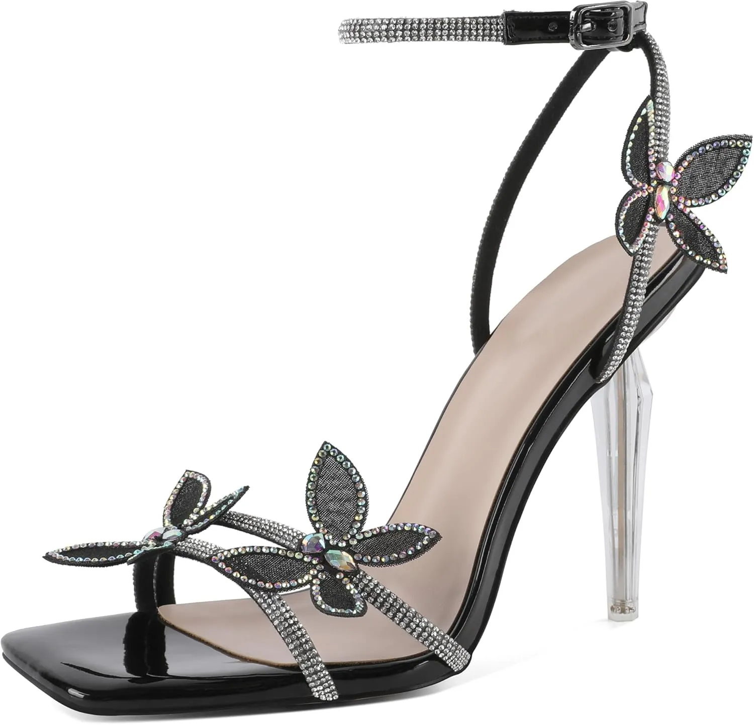 Zamikoo Open Toe Ankle Strap High Heels for Women, Square Toe Butterfly Heeled Sandals, Strappy Clear Stiletto Butterfly Heels 4 Incheses