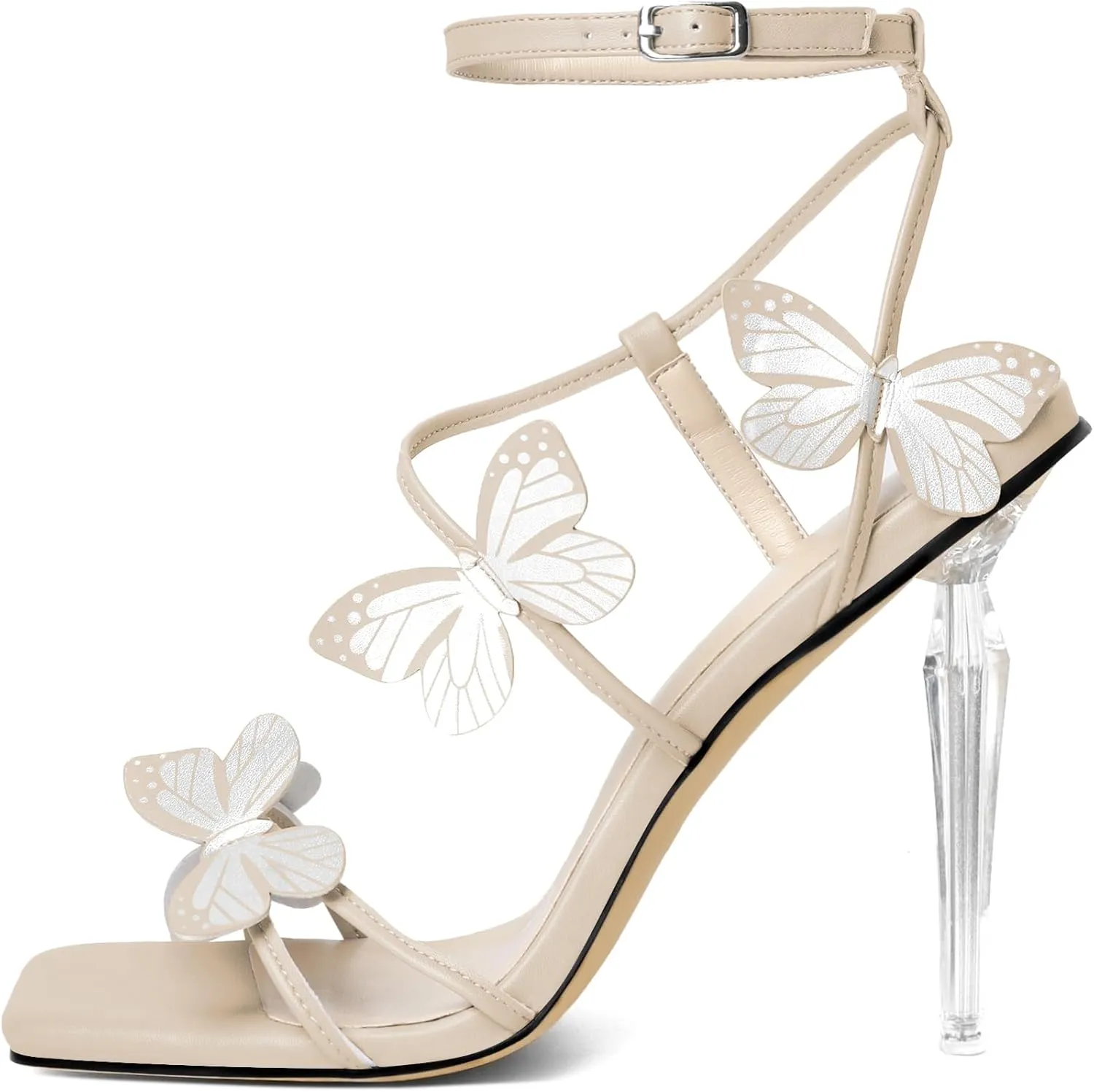 Zamikoo Open Toe Ankle Strap High Heels for Women, Square Toe Butterfly Heeled Sandals, Strappy Clear Stiletto Butterfly Heels 4 Incheses