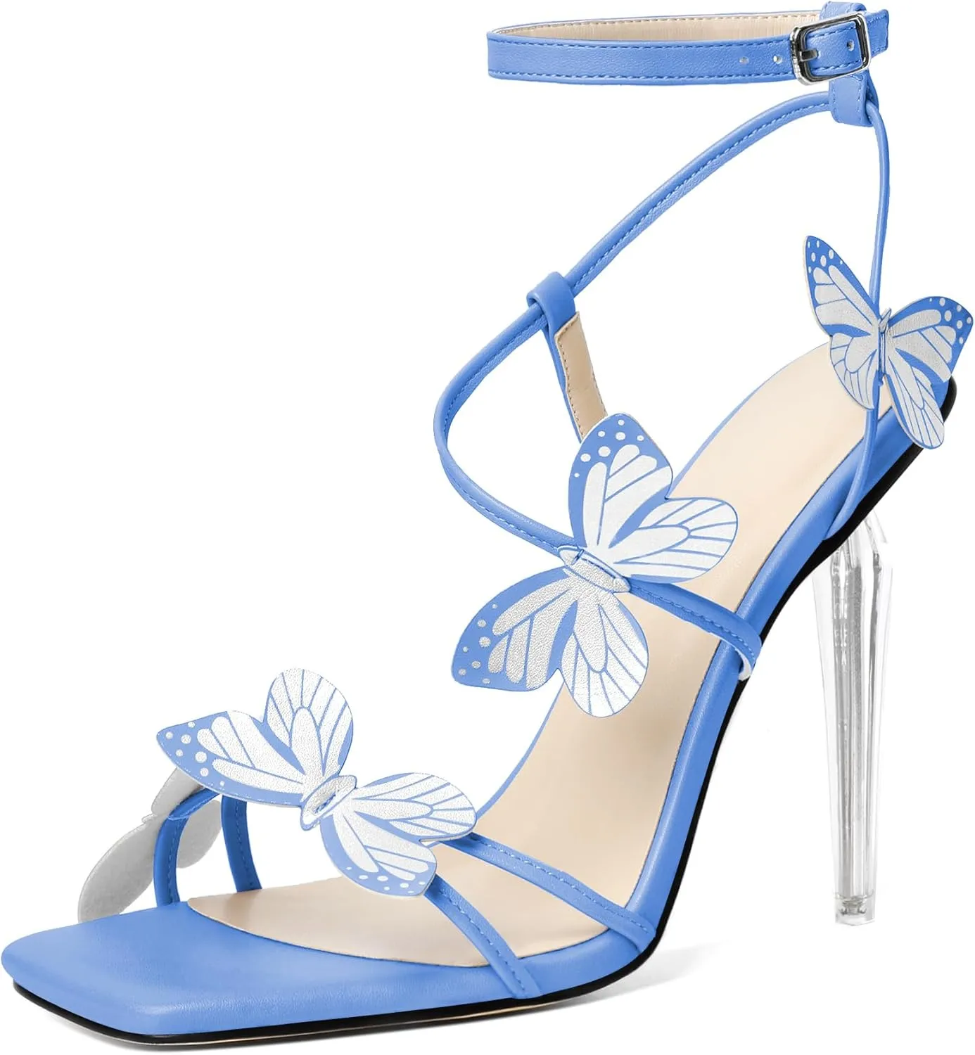 Zamikoo Open Toe Ankle Strap High Heels for Women, Square Toe Butterfly Heeled Sandals, Strappy Clear Stiletto Butterfly Heels 4 Incheses