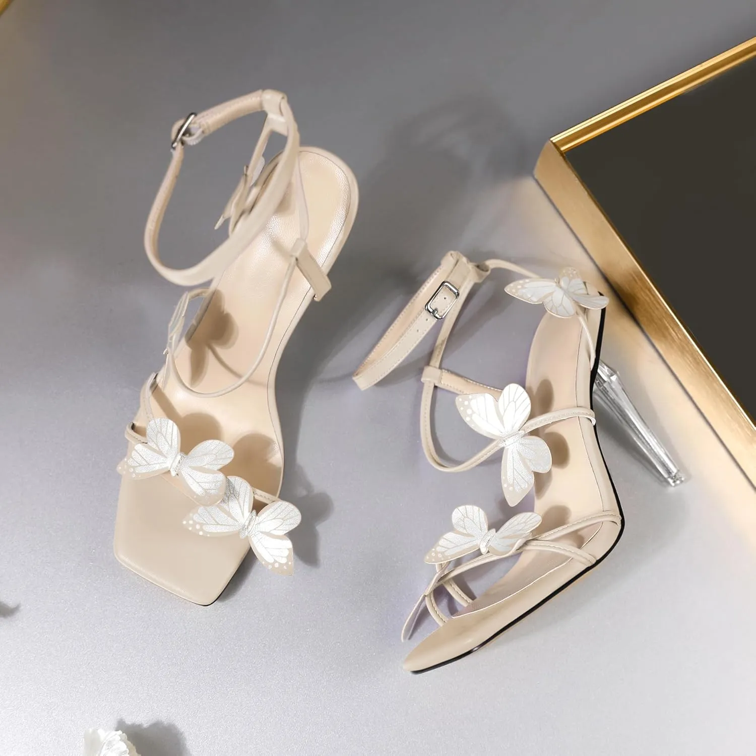 Zamikoo Open Toe Ankle Strap High Heels for Women, Square Toe Butterfly Heeled Sandals, Strappy Clear Stiletto Butterfly Heels 4 Incheses