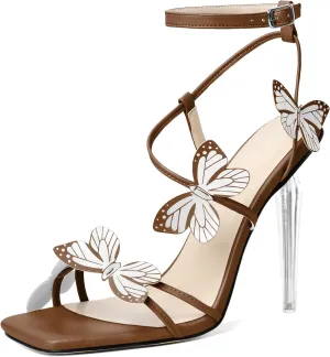 Zamikoo Open Toe Ankle Strap High Heels for Women, Square Toe Butterfly Heeled Sandals, Strappy Clear Stiletto Butterfly Heels 4 Incheses