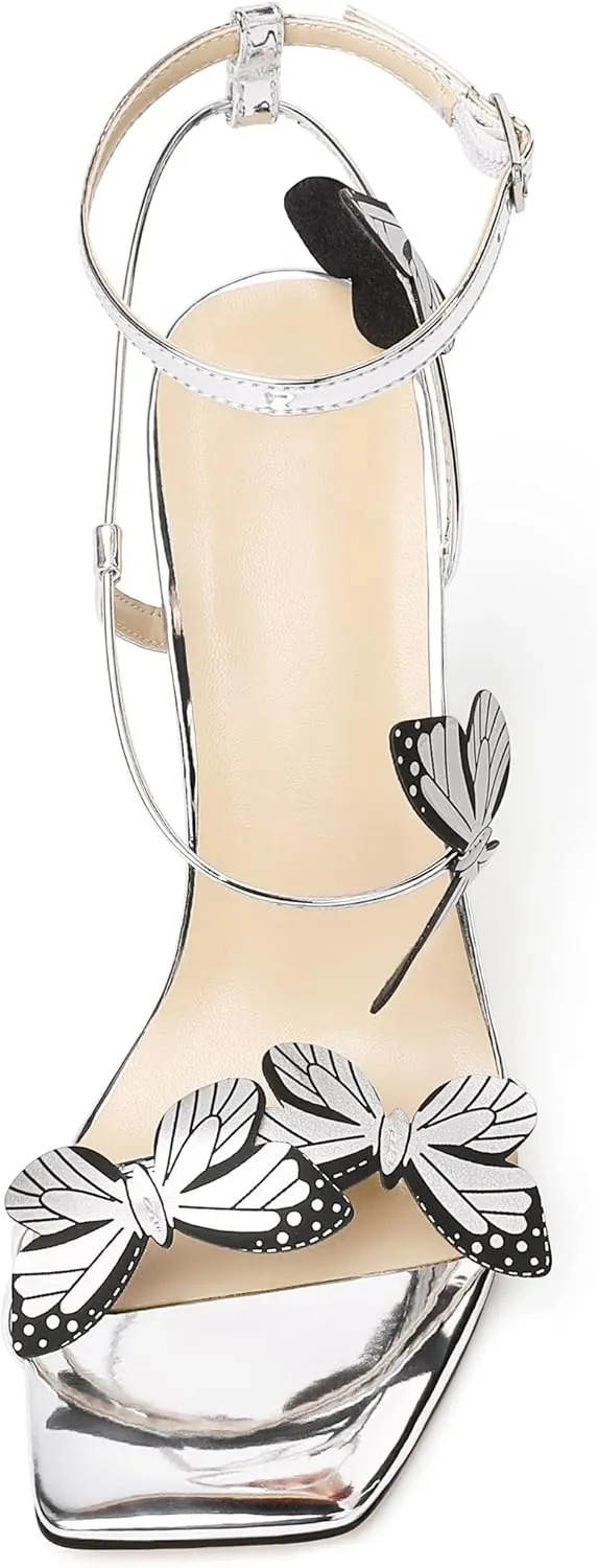 Zamikoo Open Toe Ankle Strap High Heels for Women, Square Toe Butterfly Heeled Sandals, Strappy Clear Stiletto Butterfly Heels 4 Incheses