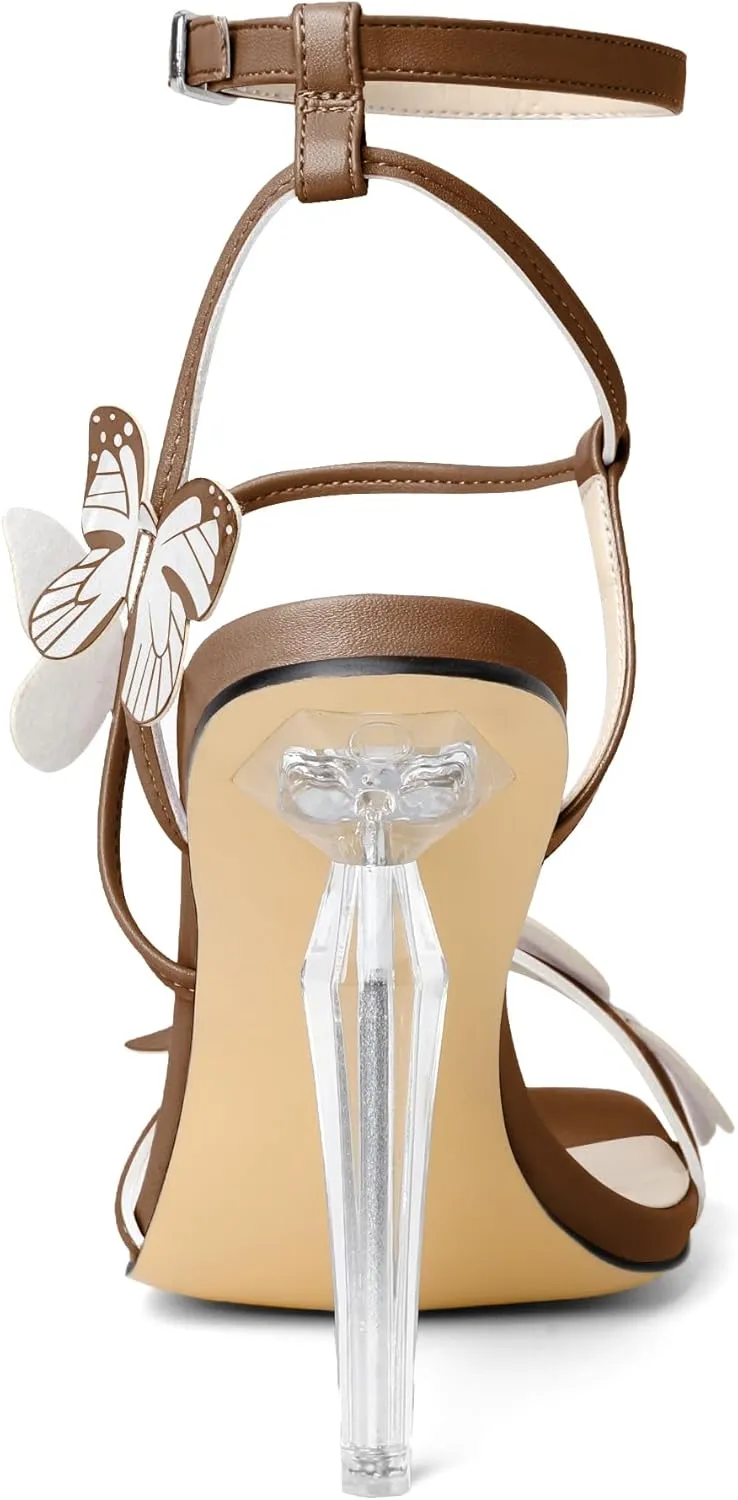 Zamikoo Open Toe Ankle Strap High Heels for Women, Square Toe Butterfly Heeled Sandals, Strappy Clear Stiletto Butterfly Heels 4 Incheses