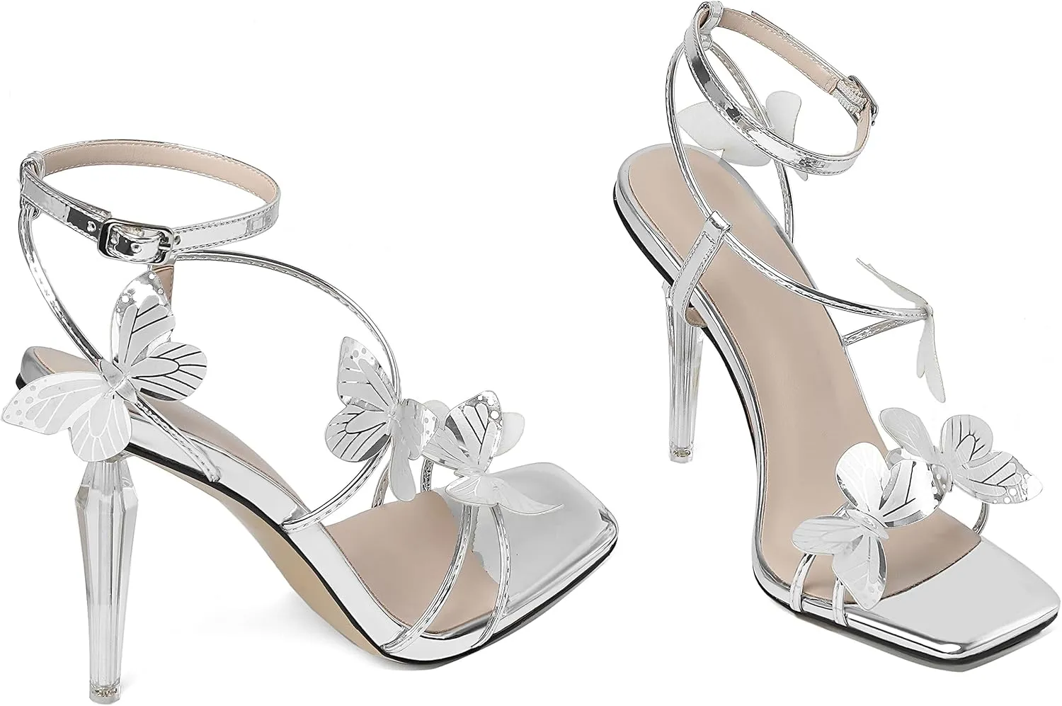 Zamikoo Open Toe Ankle Strap High Heels for Women, Square Toe Butterfly Heeled Sandals, Strappy Clear Stiletto Butterfly Heels 4 Incheses