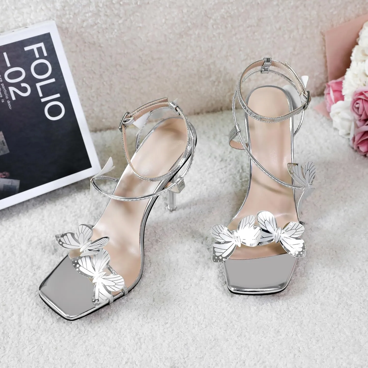 Zamikoo Open Toe Ankle Strap High Heels for Women, Square Toe Butterfly Heeled Sandals, Strappy Clear Stiletto Butterfly Heels 4 Incheses