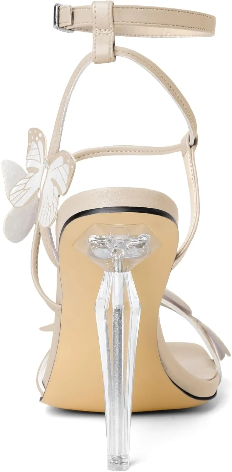 Zamikoo Open Toe Ankle Strap High Heels for Women, Square Toe Butterfly Heeled Sandals, Strappy Clear Stiletto Butterfly Heels 4 Incheses