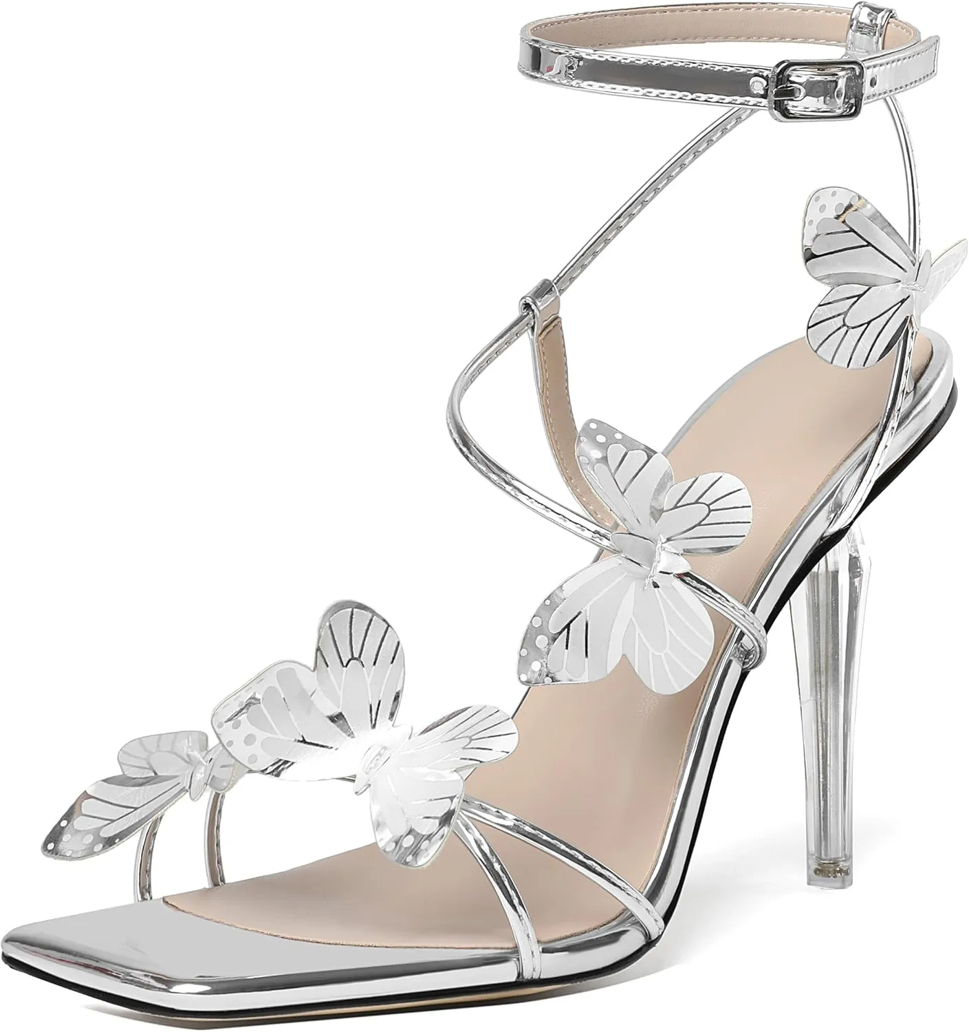 Zamikoo Open Toe Ankle Strap High Heels for Women, Square Toe Butterfly Heeled Sandals, Strappy Clear Stiletto Butterfly Heels 4 Incheses