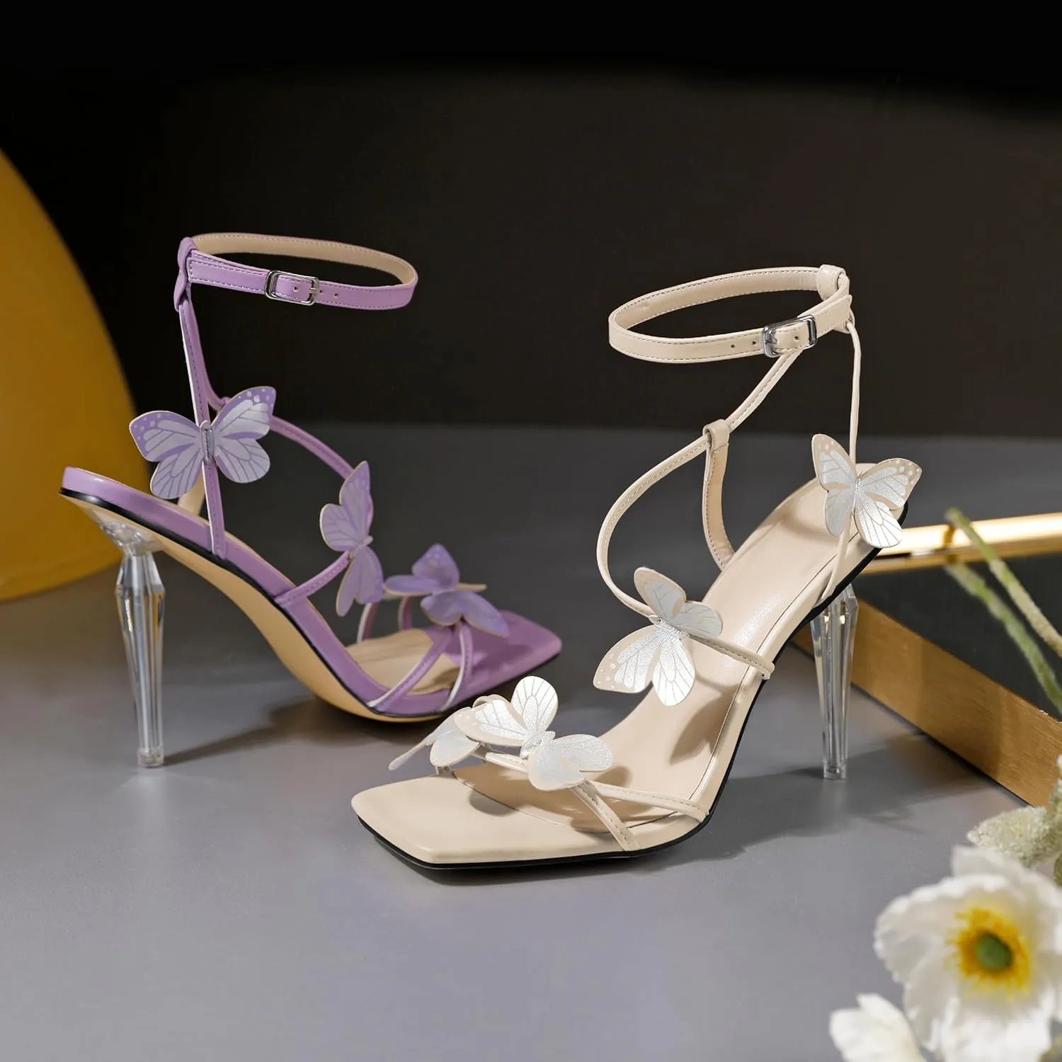 Zamikoo Open Toe Ankle Strap High Heels for Women, Square Toe Butterfly Heeled Sandals, Strappy Clear Stiletto Butterfly Heels 4 Incheses