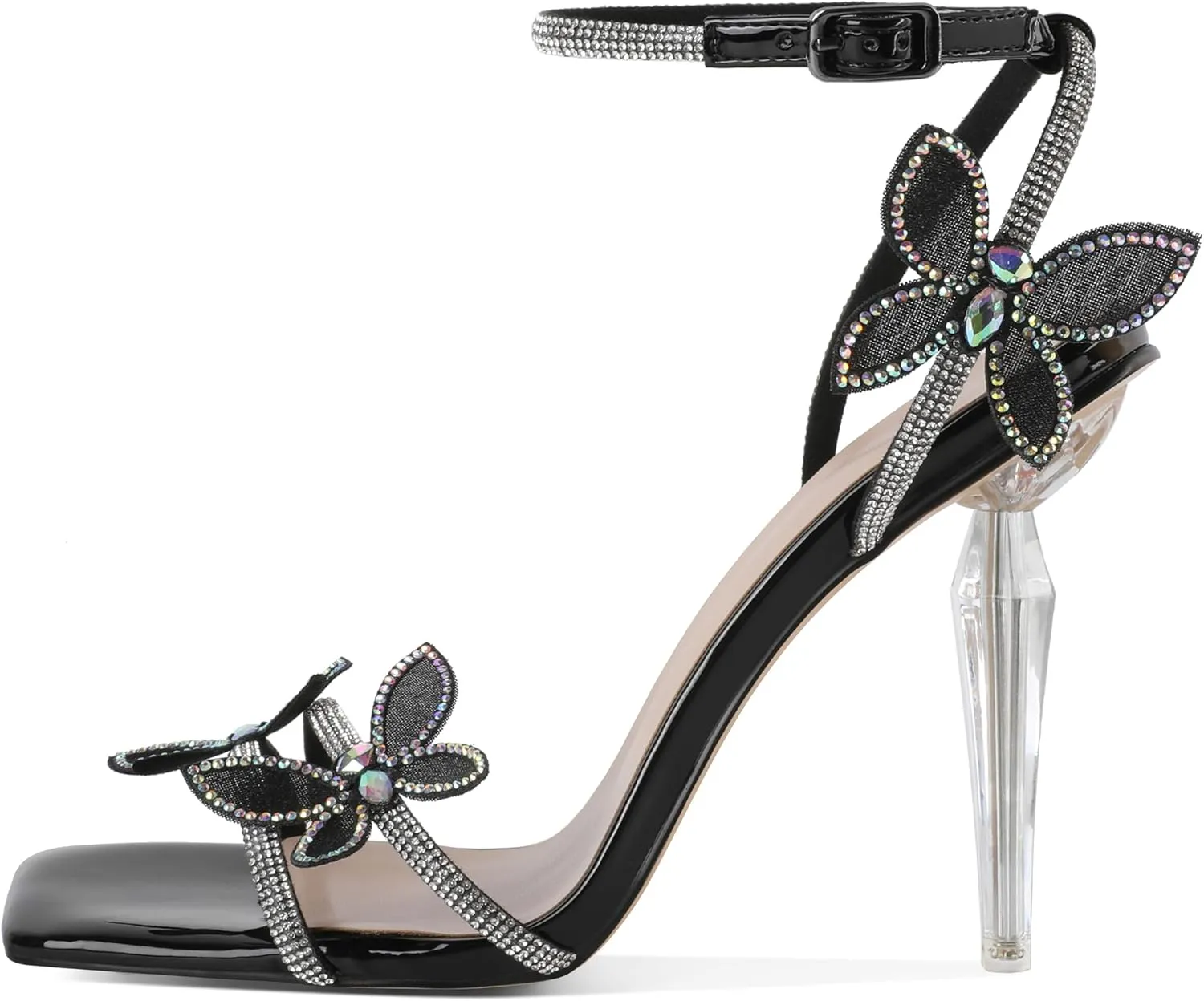 Zamikoo Open Toe Ankle Strap High Heels for Women, Square Toe Butterfly Heeled Sandals, Strappy Clear Stiletto Butterfly Heels 4 Incheses