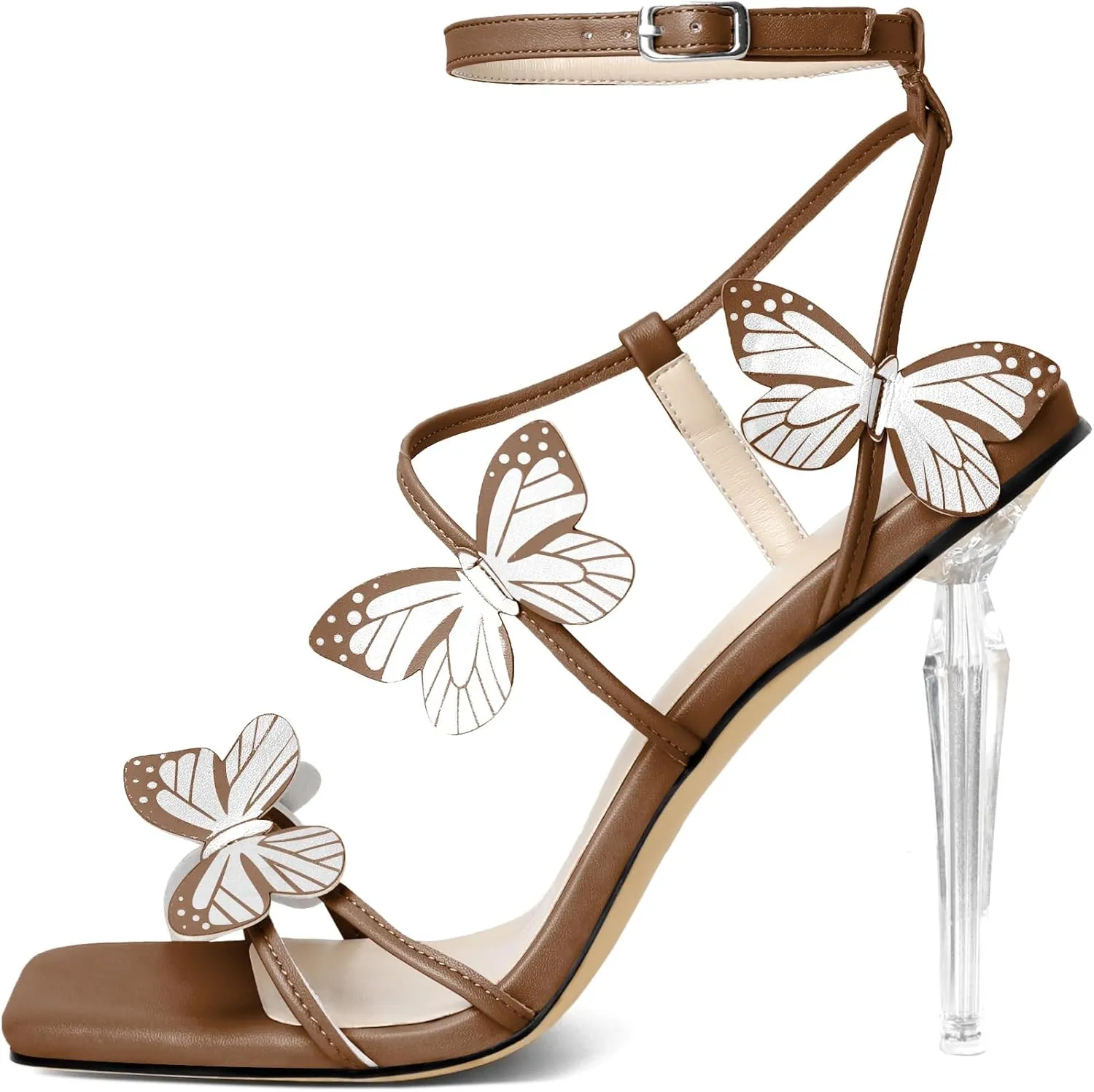 Zamikoo Open Toe Ankle Strap High Heels for Women, Square Toe Butterfly Heeled Sandals, Strappy Clear Stiletto Butterfly Heels 4 Incheses