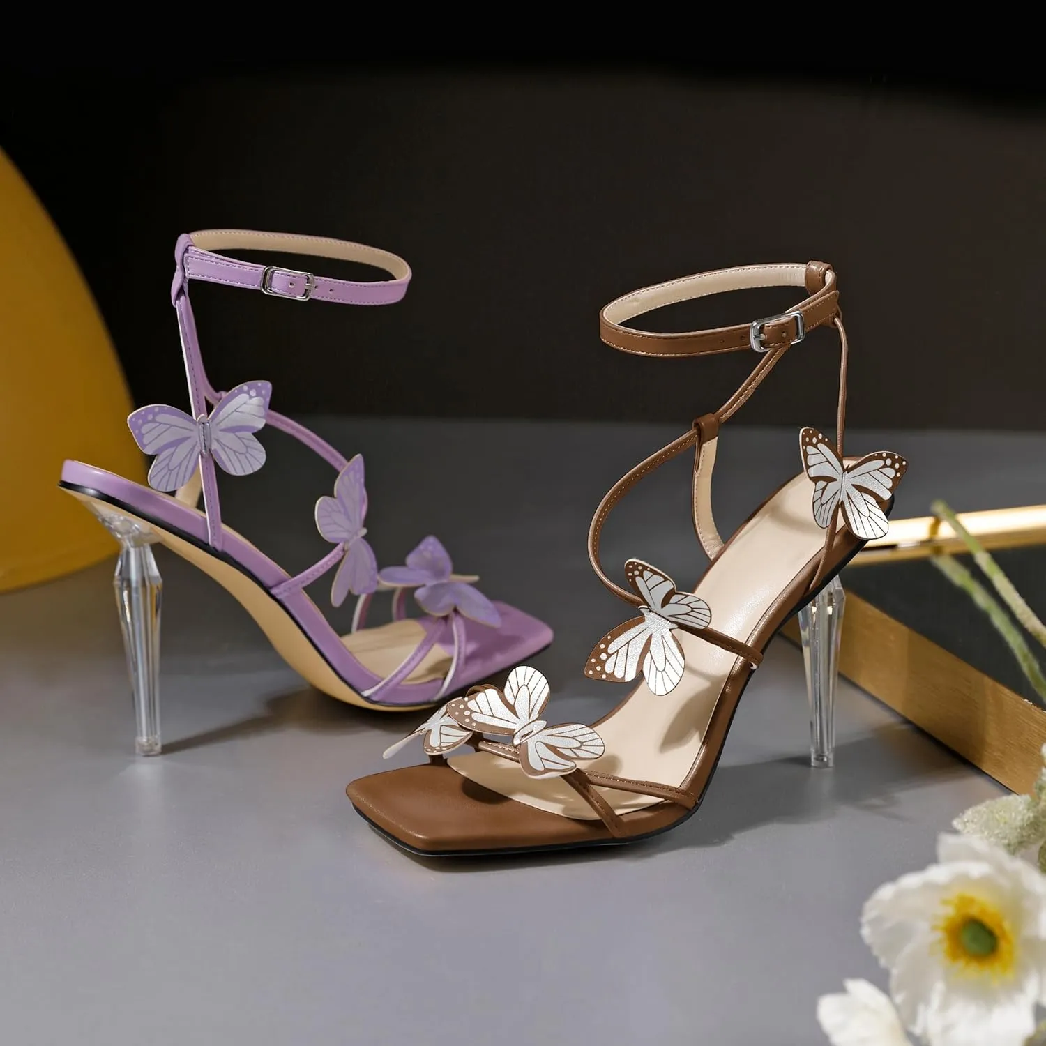 Zamikoo Open Toe Ankle Strap High Heels for Women, Square Toe Butterfly Heeled Sandals, Strappy Clear Stiletto Butterfly Heels 4 Incheses