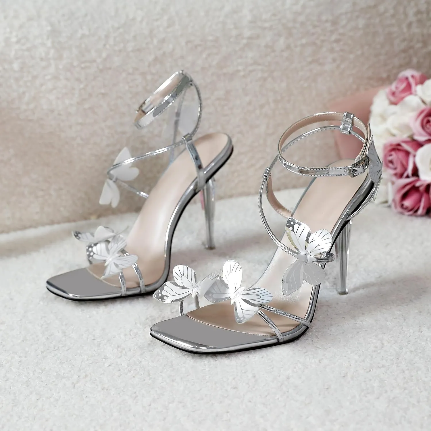 Zamikoo Open Toe Ankle Strap High Heels for Women, Square Toe Butterfly Heeled Sandals, Strappy Clear Stiletto Butterfly Heels 4 Incheses