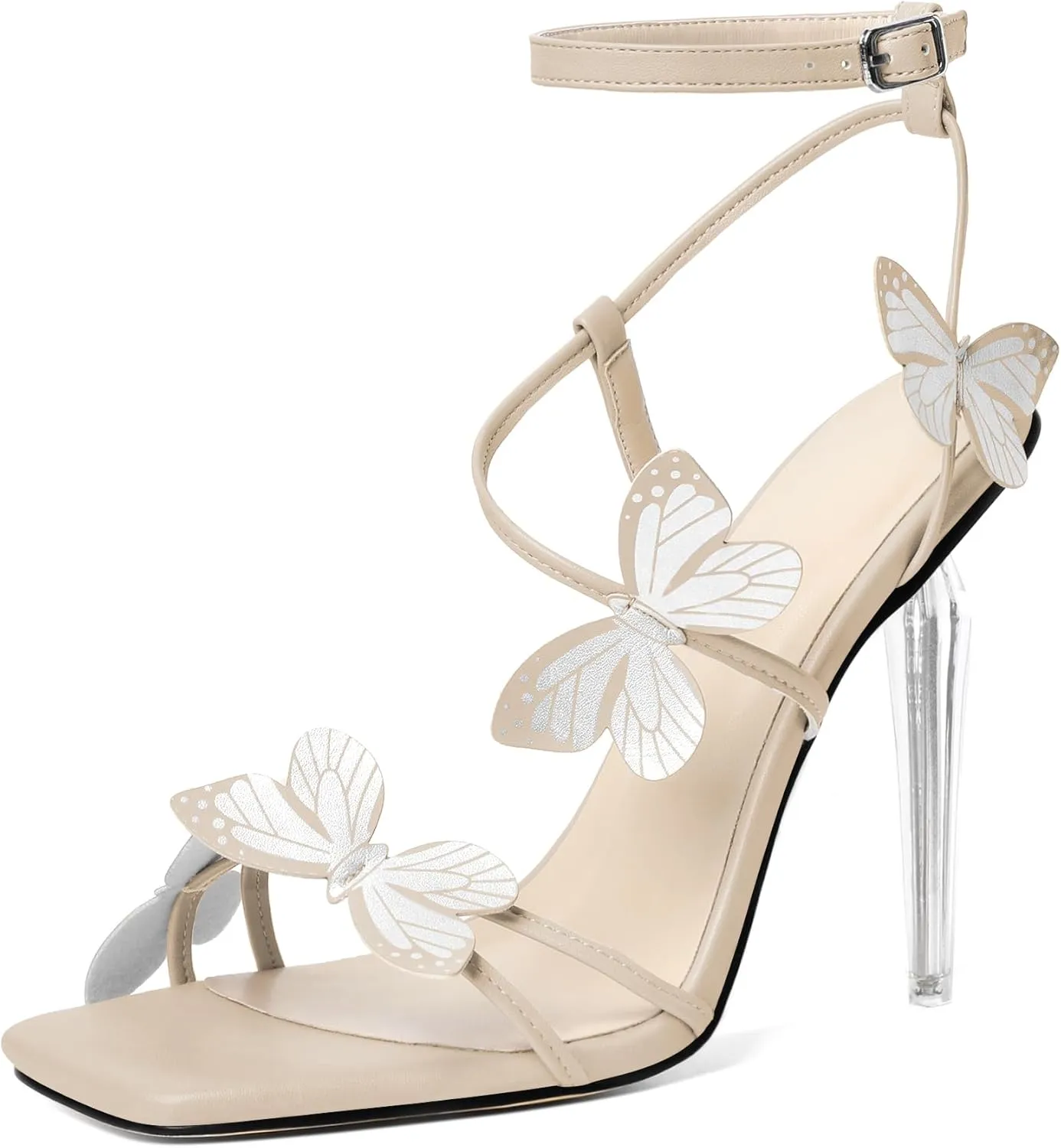 Zamikoo Open Toe Ankle Strap High Heels for Women, Square Toe Butterfly Heeled Sandals, Strappy Clear Stiletto Butterfly Heels 4 Incheses