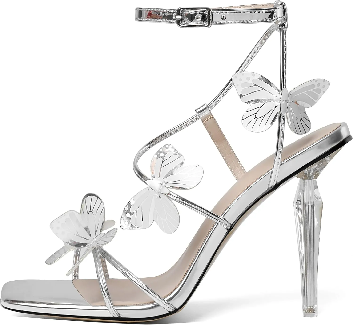Zamikoo Open Toe Ankle Strap High Heels for Women, Square Toe Butterfly Heeled Sandals, Strappy Clear Stiletto Butterfly Heels 4 Incheses