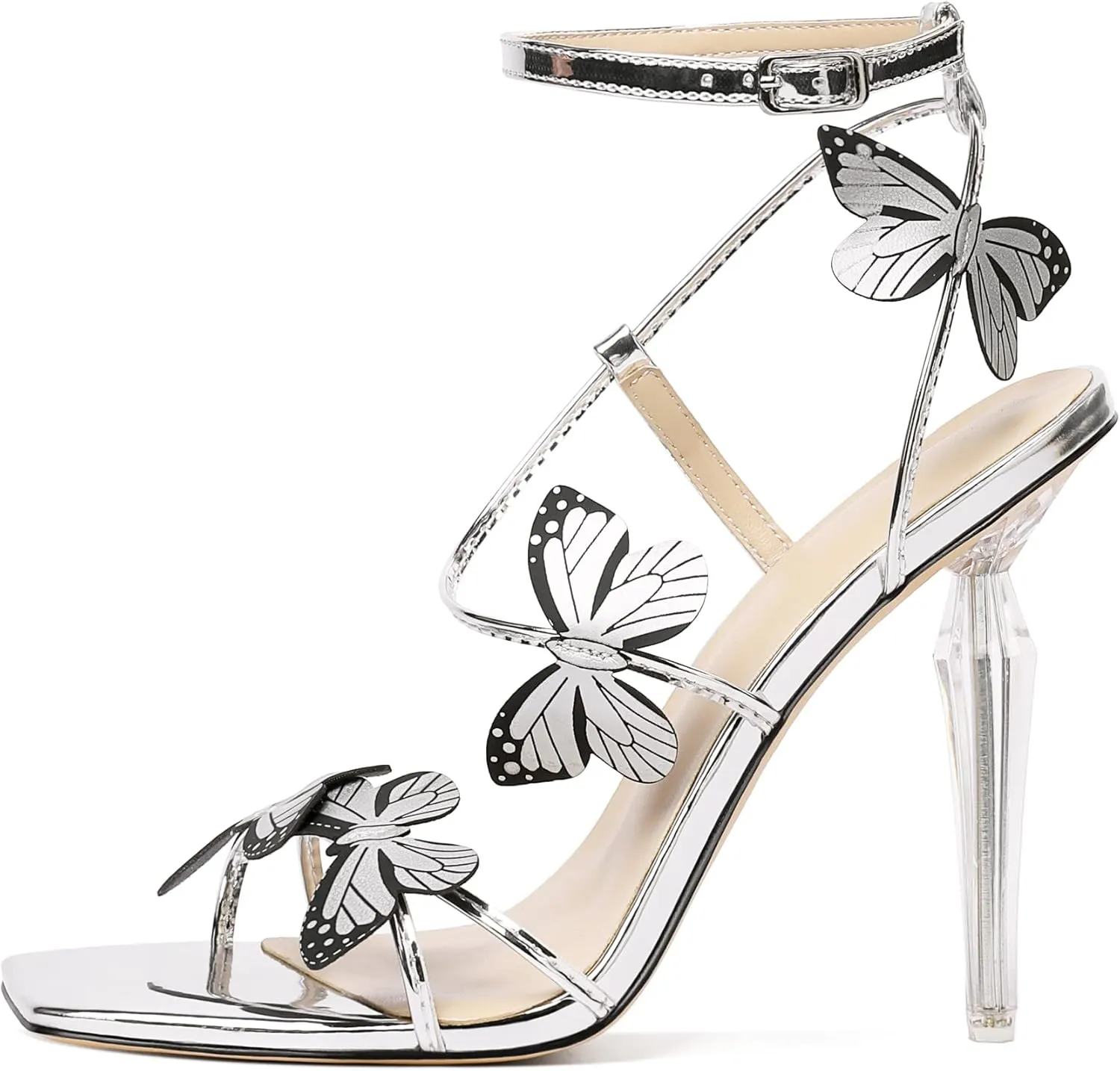 Zamikoo Open Toe Ankle Strap High Heels for Women, Square Toe Butterfly Heeled Sandals, Strappy Clear Stiletto Butterfly Heels 4 Incheses