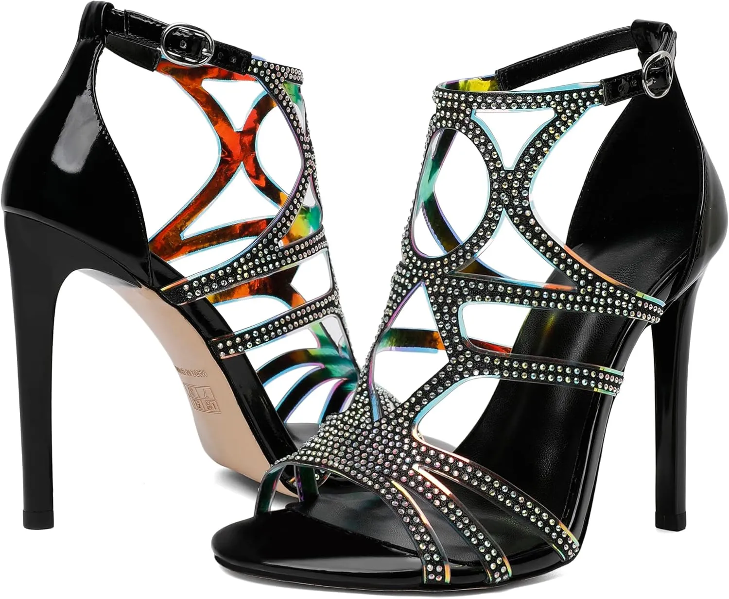 Zamikoo Women's Heeled Sandals, Open Toe Woman Sandals Rhinestone, Cutout Strappy Gladiator Heels, Sparkly Stiletto Heels Pumps Shoes for Dress Party Evening 4 Inch Patent Black US Size 7.5