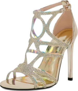 Zamikoo Women's Heeled Sandals, Open Toe Woman Sandals Rhinestone, Cutout Strappy Gladiator Heels, Sparkly Stiletto Heels Pumps Shoes for Dress Party Evening 4 Inch Patent Black US Size 7.5