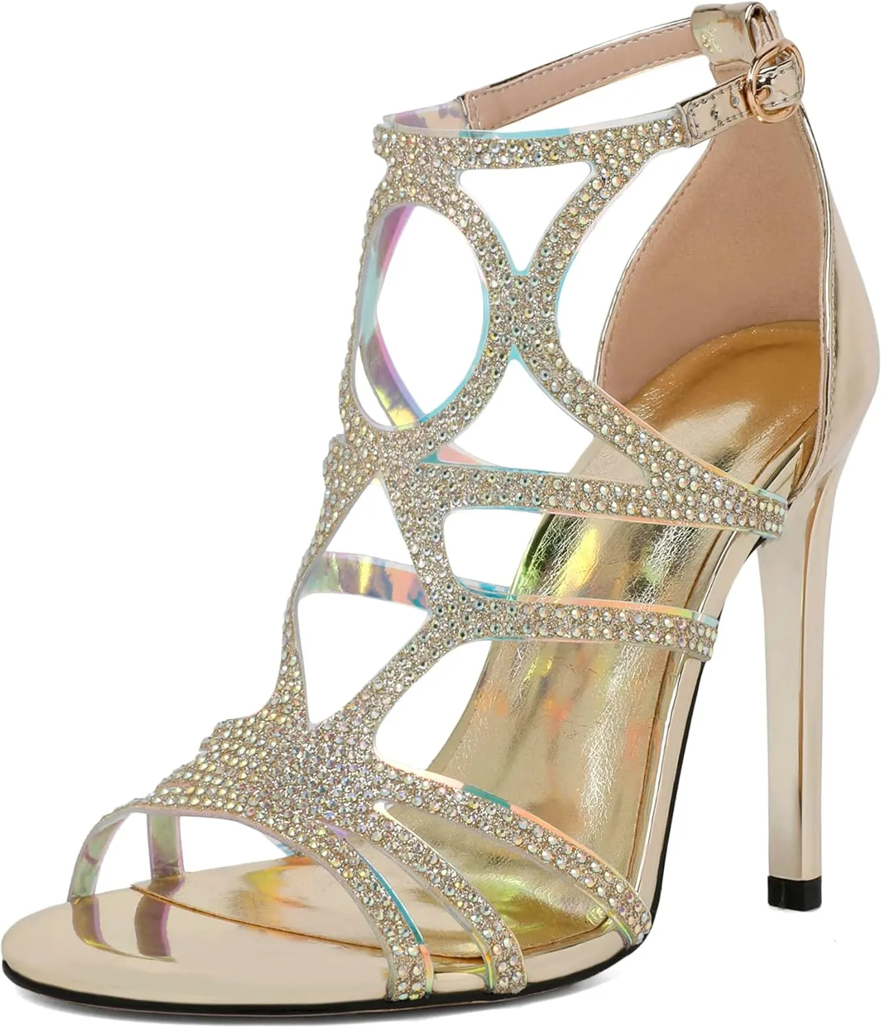 Zamikoo Women's Heeled Sandals, Open Toe Woman Sandals Rhinestone, Cutout Strappy Gladiator Heels, Sparkly Stiletto Heels Pumps Shoes for Dress Party Evening 4 Inch Patent Black US Size 7.5
