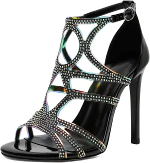 Zamikoo Women's Heeled Sandals, Open Toe Woman Sandals Rhinestone, Cutout Strappy Gladiator Heels, Sparkly Stiletto Heels Pumps Shoes for Dress Party Evening 4 Inch Patent Black US Size 7.5