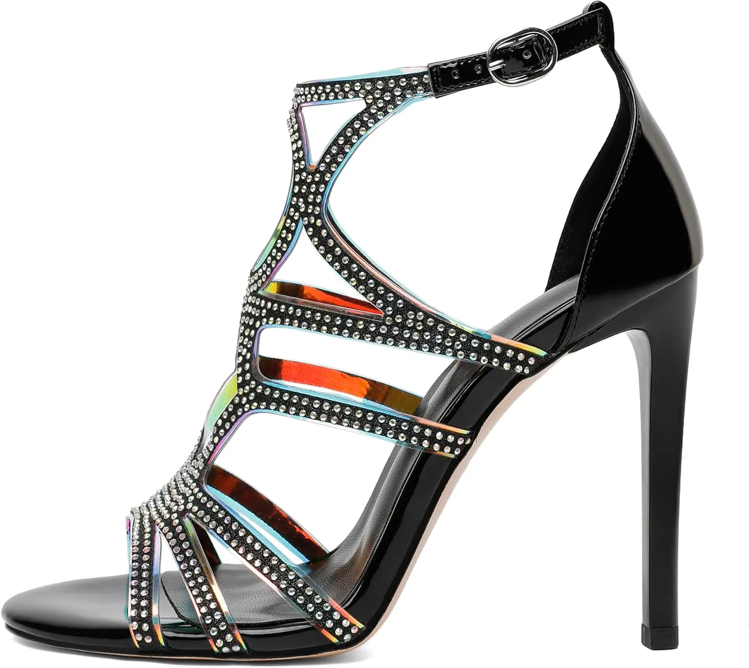 Zamikoo Women's Heeled Sandals, Open Toe Woman Sandals Rhinestone, Cutout Strappy Gladiator Heels, Sparkly Stiletto Heels Pumps Shoes for Dress Party Evening 4 Inch Patent Black US Size 7.5