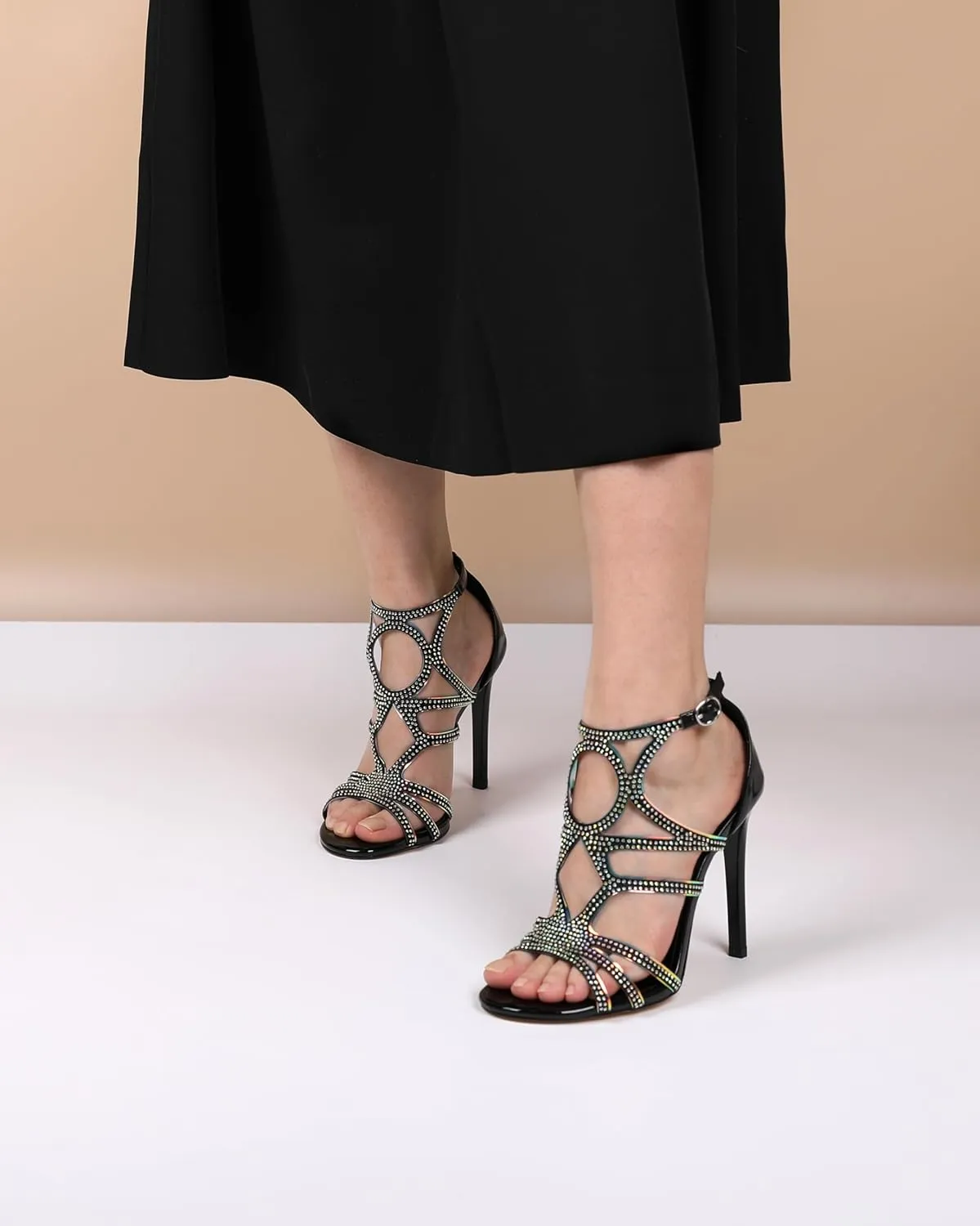 Zamikoo Women's Heeled Sandals, Open Toe Woman Sandals Rhinestone, Cutout Strappy Gladiator Heels, Sparkly Stiletto Heels Pumps Shoes for Dress Party Evening 4 Inch Patent Black US Size 7.5