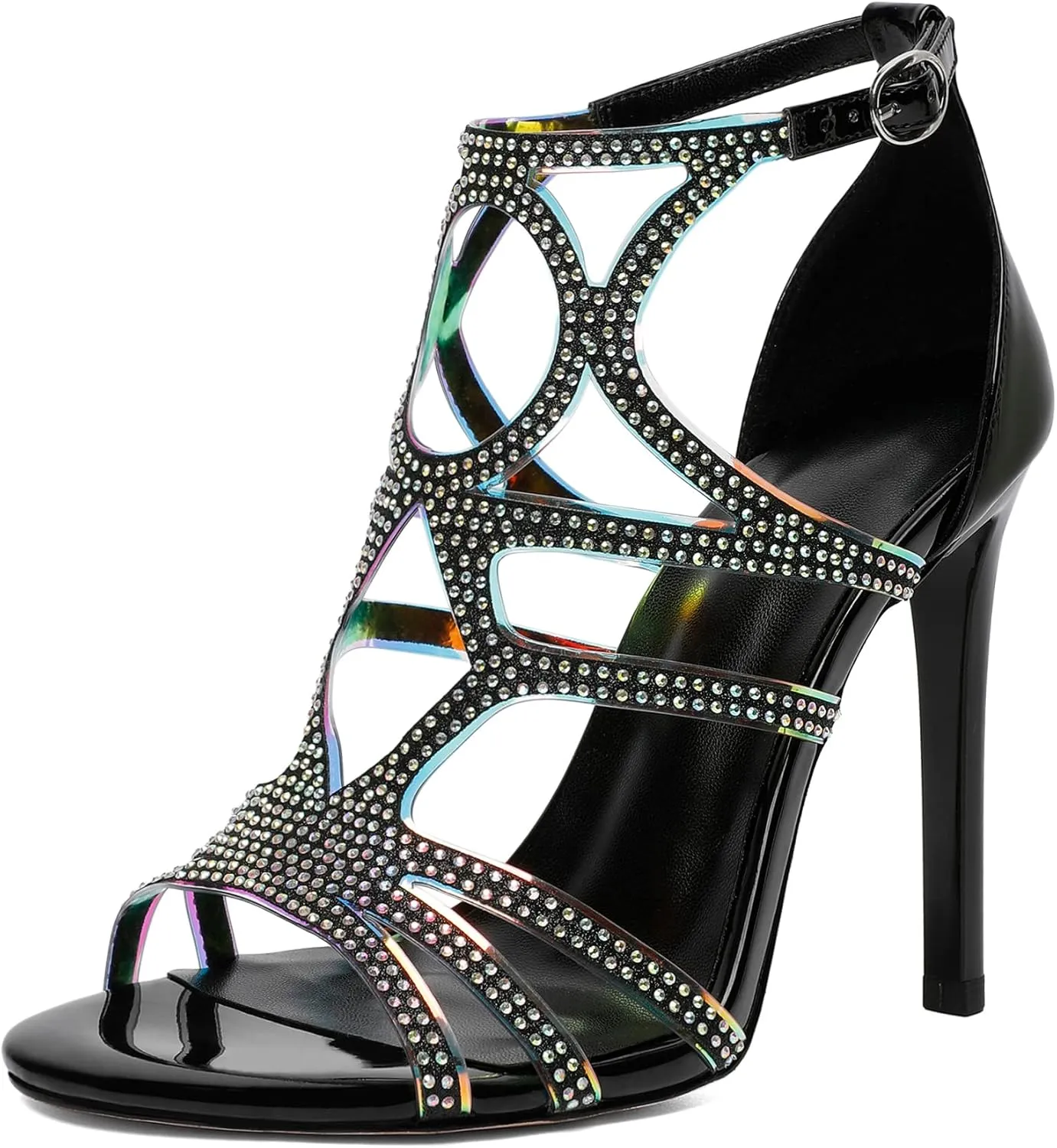 Zamikoo Women's Heeled Sandals, Open Toe Woman Sandals Rhinestone, Cutout Strappy Gladiator Heels, Sparkly Stiletto Heels Pumps Shoes for Dress Party Evening 4 Inch Patent Black US Size 7.5
