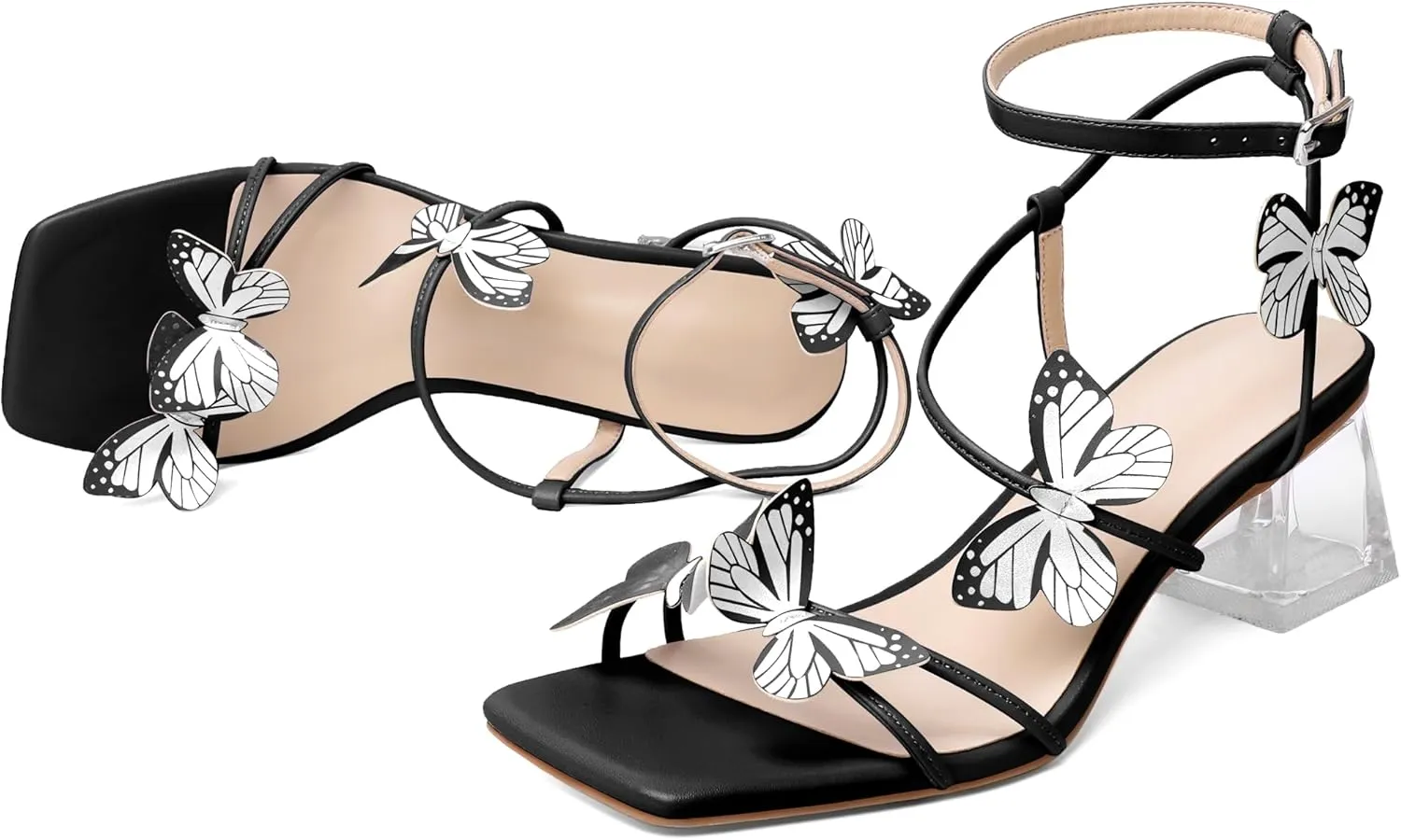 Zamikoo Women's Heeled Sandals Square Open Toe Ankle Strap Block Heels Strappy Clear Heels Chunky Low Heels