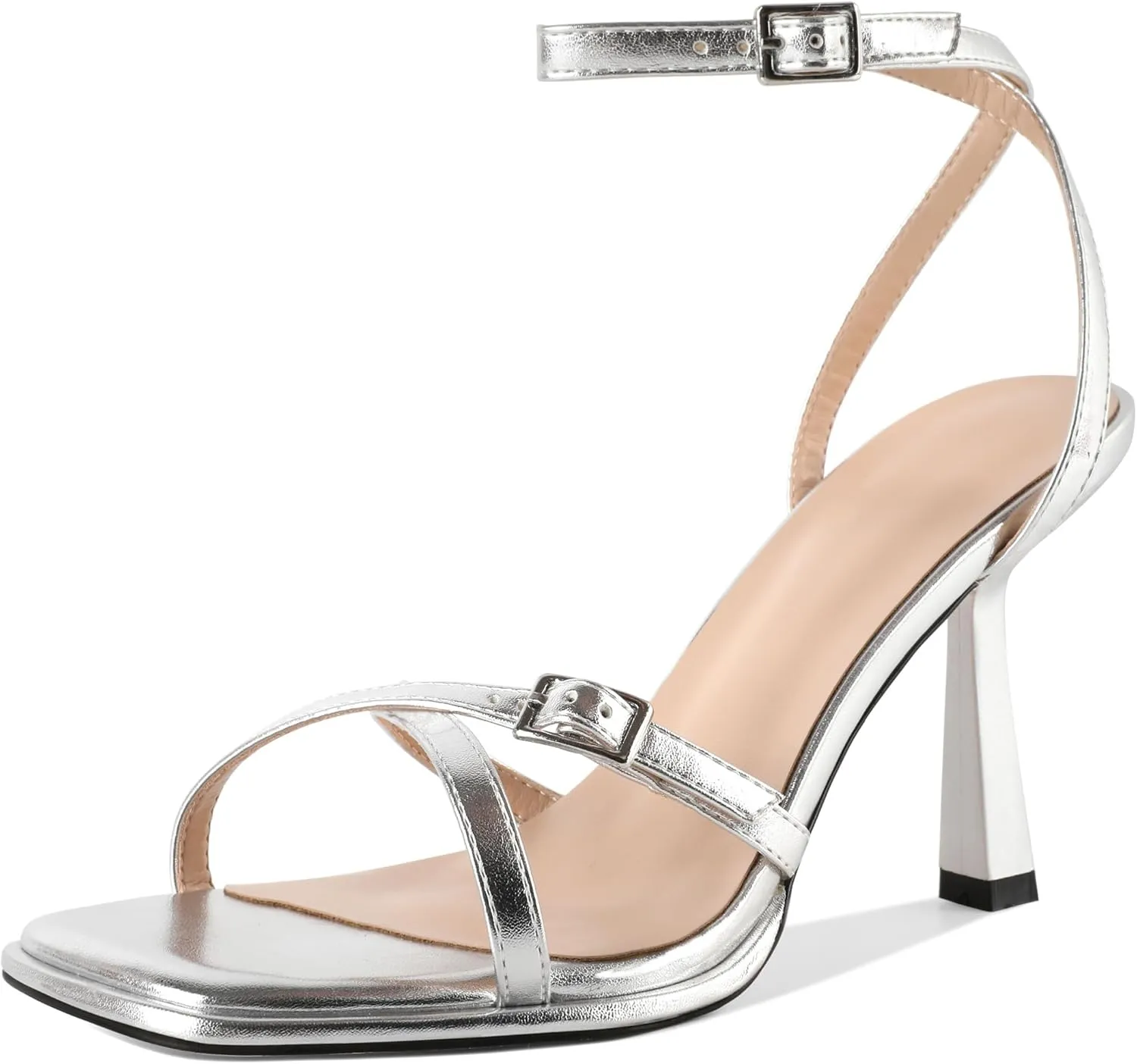 Zamikoo Womens Heeled Sandals Square Open Toe Cross Strappy Stiletto Ankle Strap High Heels Sandals for Women Summer 3.5 Inches