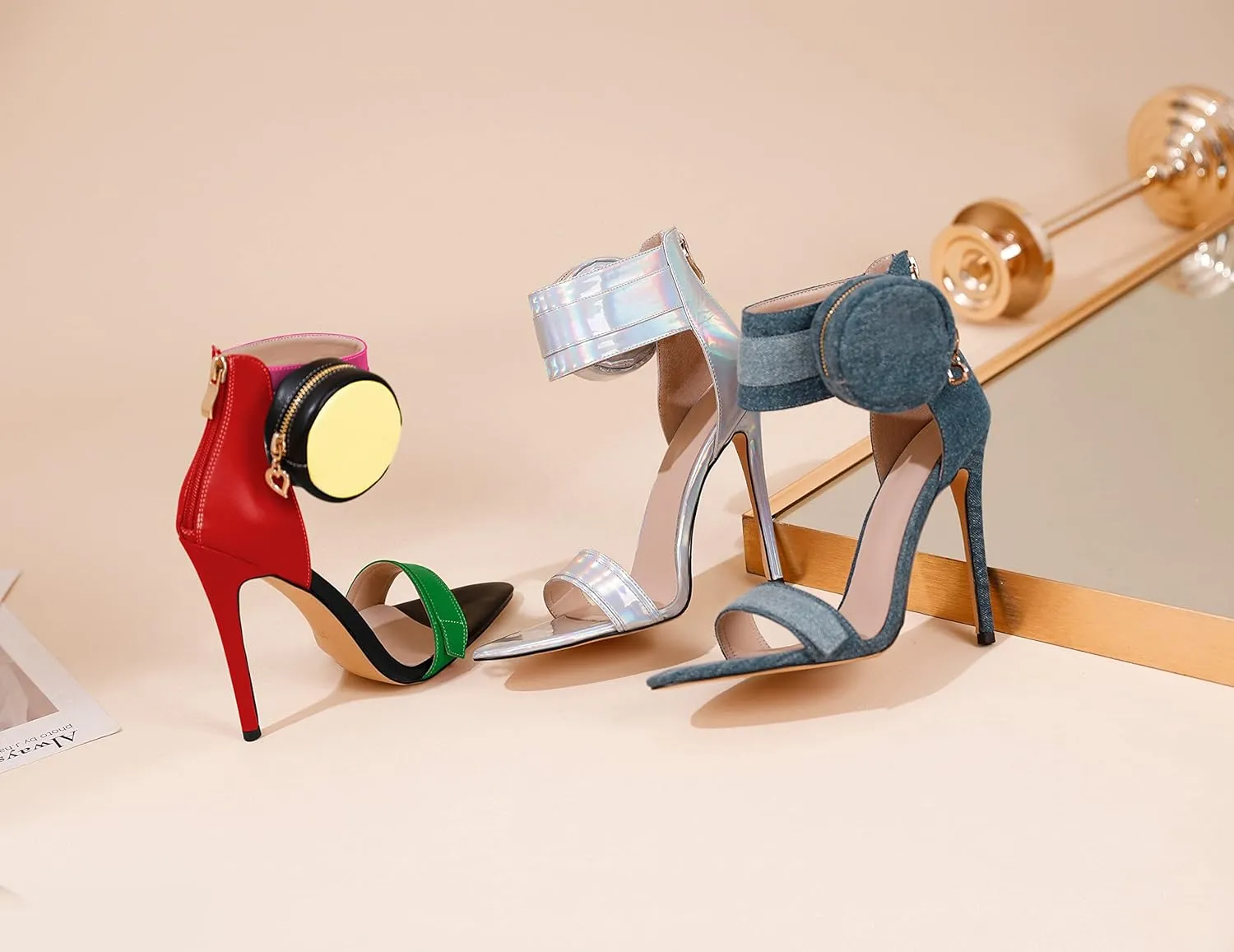 Zamikoo Women's High Heel Sandals, Ankle Strap Open Toe Heels, Pointy Toe Stiletto Heeled Sandals with Side Pouch 4.7 Inches, Sexy Fashion Ladies High Heels Zip Closure