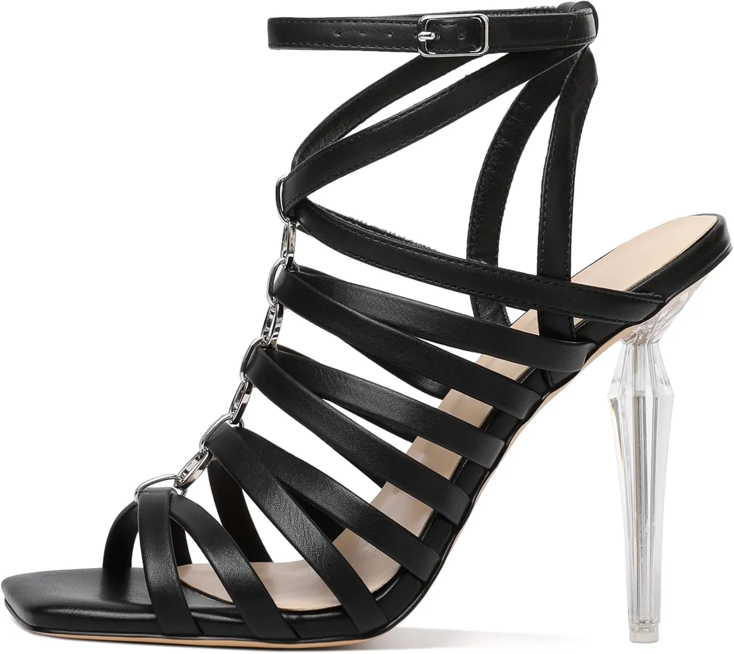 Zamikoo Women's High Heel Sandals, Ankle Strap Open Toe Heels, Square Toe Clear Stiletto Heeled Sandals 4 Inch