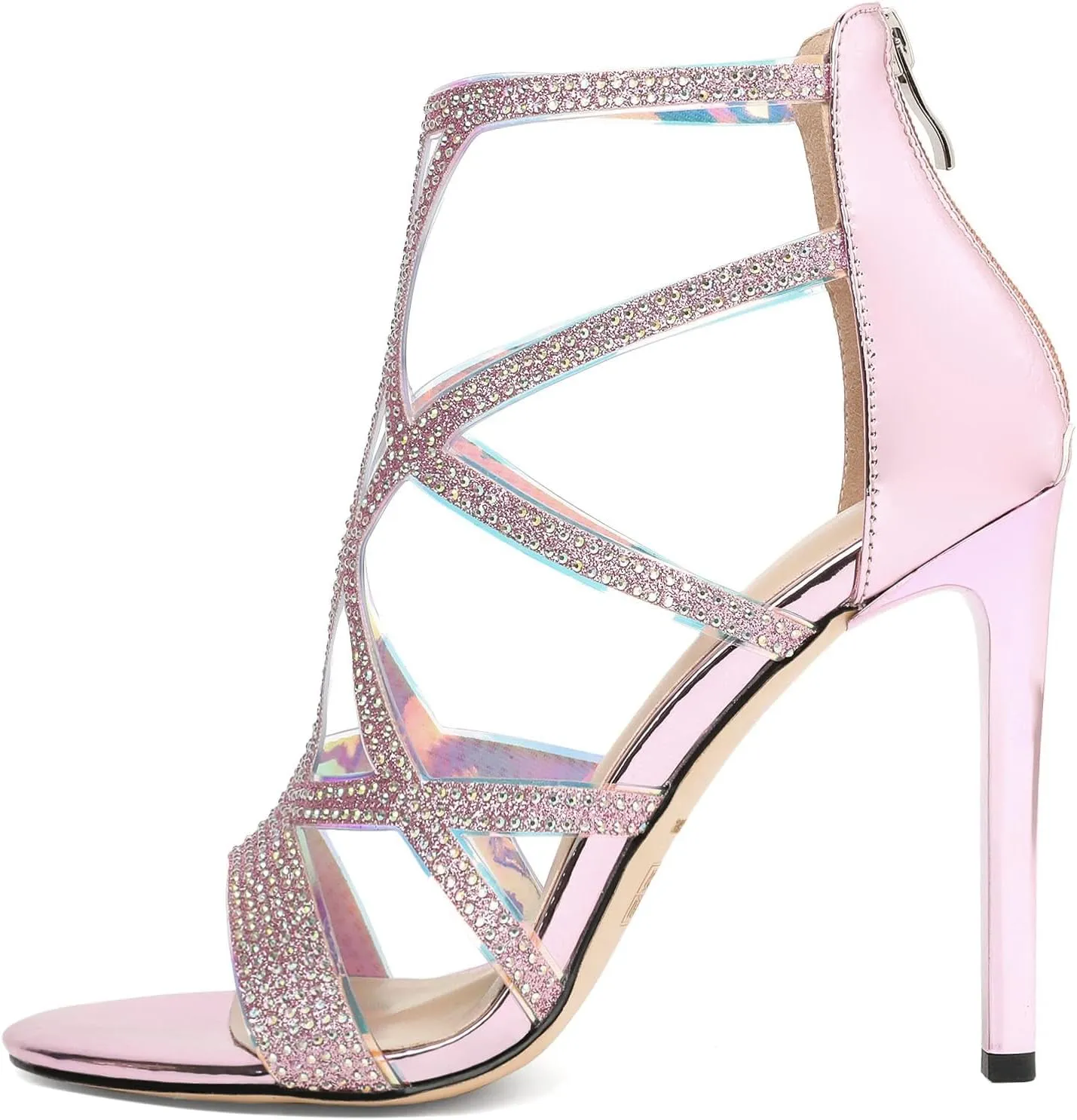Zamikoo Women's High Heel Sandals, Open Toe Woman Sandals Rhinestone, Cutout Strappy Gladiator Heels, Sparkly Stiletto Heels Pumps Shoes for Dress Party Evening 4 Inch