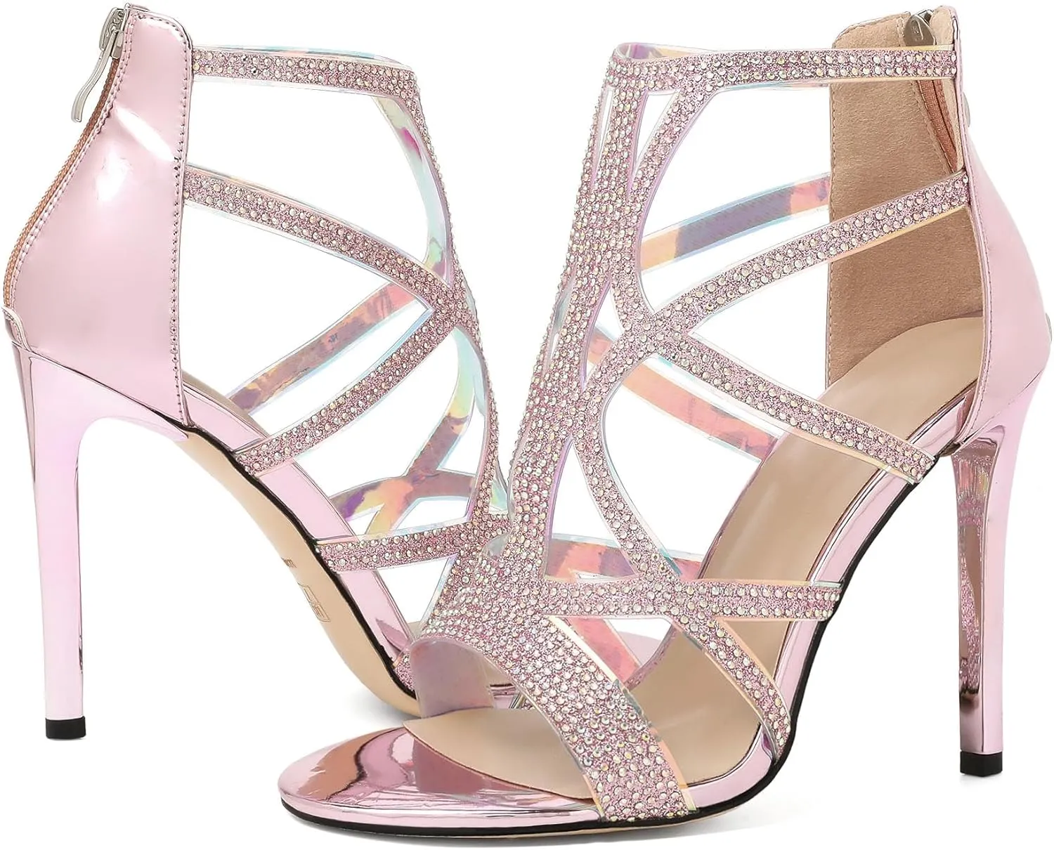 Zamikoo Women's High Heel Sandals, Open Toe Woman Sandals Rhinestone, Cutout Strappy Gladiator Heels, Sparkly Stiletto Heels Pumps Shoes for Dress Party Evening 4 Inch