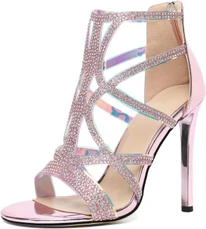 Zamikoo Women's High Heel Sandals, Open Toe Woman Sandals Rhinestone, Cutout Strappy Gladiator Heels, Sparkly Stiletto Heels Pumps Shoes for Dress Party Evening 4 Inch