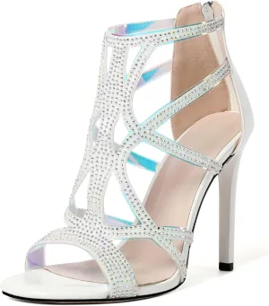 Zamikoo Women's High Heel Sandals, Open Toe Woman Sandals Rhinestone, Cutout Strappy Gladiator Heels, Sparkly Stiletto Heels Pumps Shoes for Dress Party Evening 4 Inch