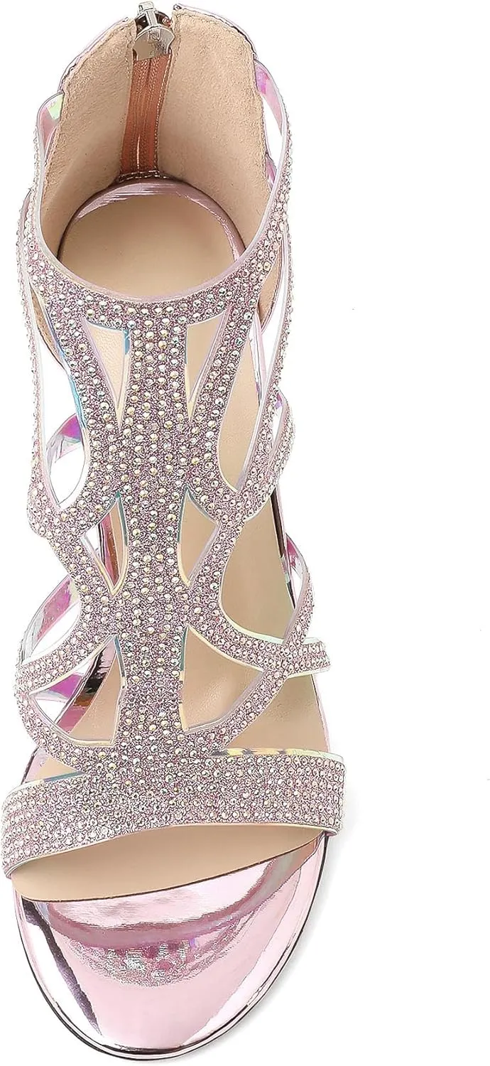 Zamikoo Women's High Heel Sandals, Open Toe Woman Sandals Rhinestone, Cutout Strappy Gladiator Heels, Sparkly Stiletto Heels Pumps Shoes for Dress Party Evening 4 Inch