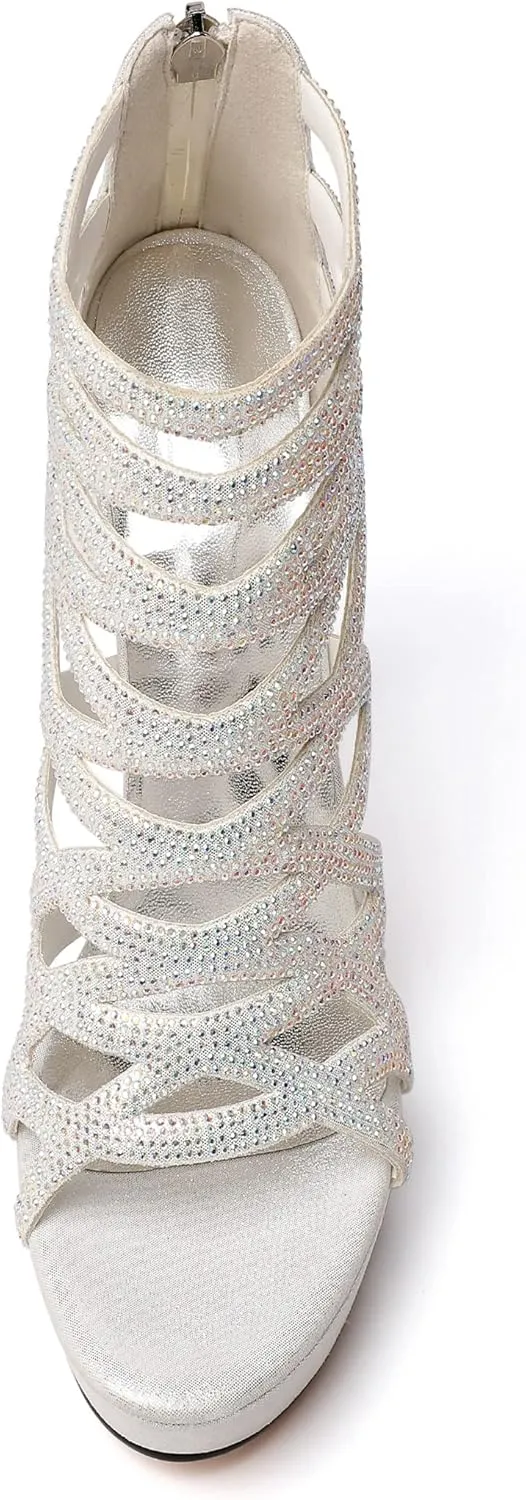 Zamikoo Women's High Heel Sandals Rhinestone, Cutout Gladiator Heels, Open Toe Stiletto Heel Platform Sandals, Sparkly Heels Pumps Shoes for Dress Party Evening Summer 5 Inch