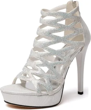 Zamikoo Women's High Heel Sandals Rhinestone, Cutout Gladiator Heels, Open Toe Stiletto Heel Platform Sandals, Sparkly Heels Pumps Shoes for Dress Party Evening Summer 5 Inch