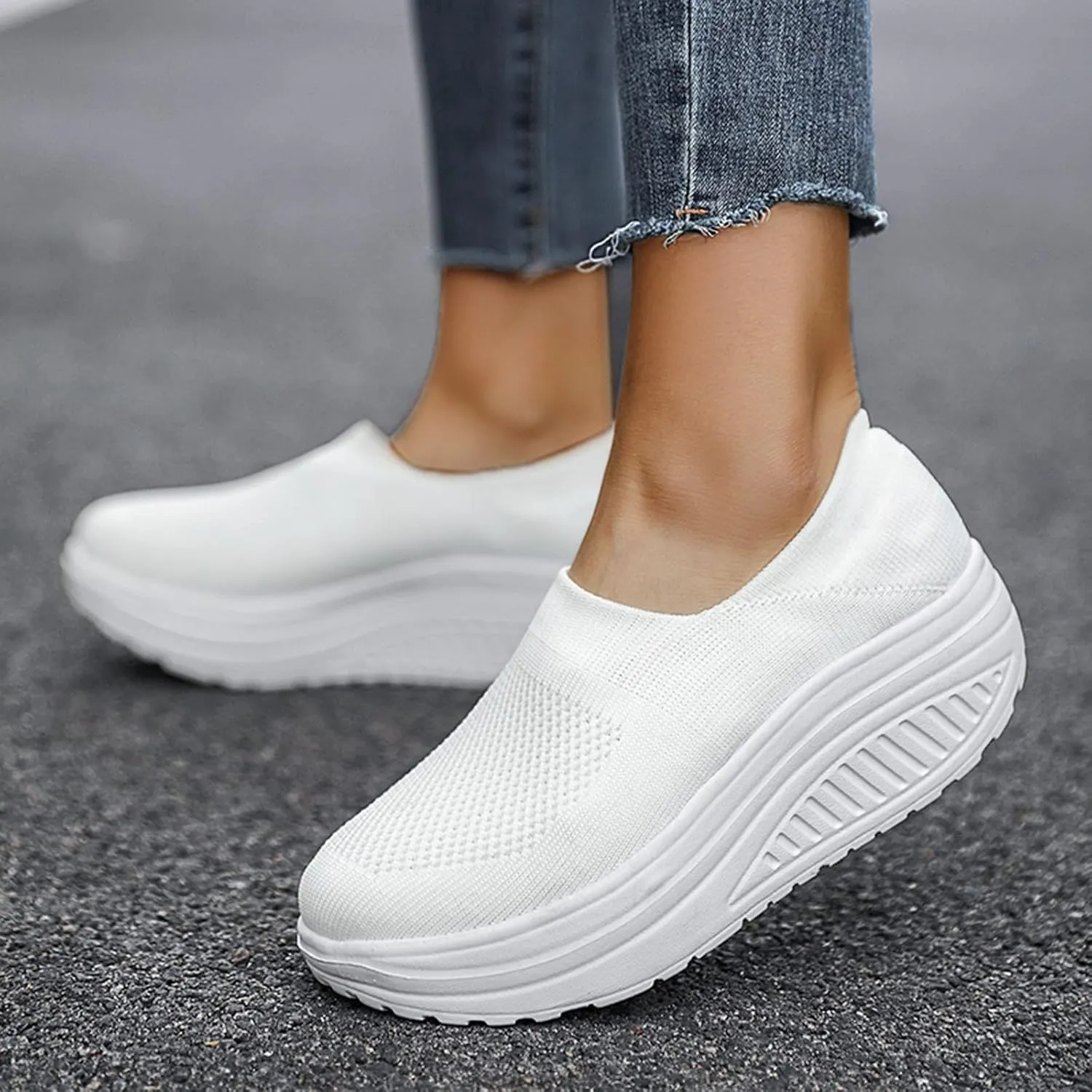 ZBYY Walking Shoes for Women Summer Arch Support Slip On Sneakers Breathable Comfortable Wedge Platform Loafers