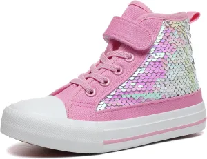Zoroadke Kids Sparkle Sequins High Top Casual Adjustable Strap Canvas Shoes Girls and Boys Glitter Sneakers