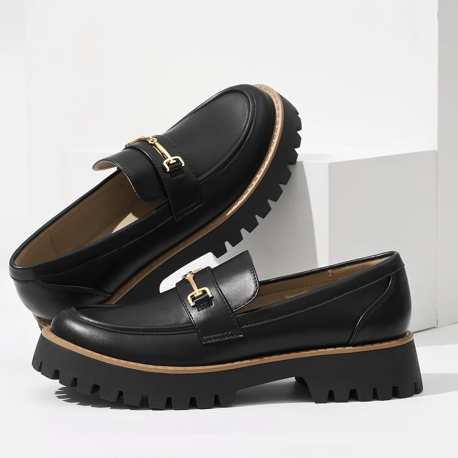 ZURIN Loafers for Women Platform Chunky Heel Loafers Lug Sole Penny Loafers Comfortable Womens Business Casual Shoes